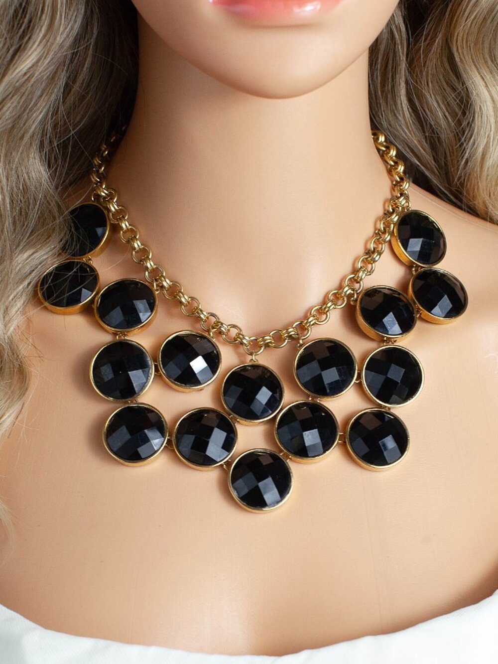 Kate Spade Black Faceted Multi Drop Bib Statement Necklace Gold Tone Y2K Bold